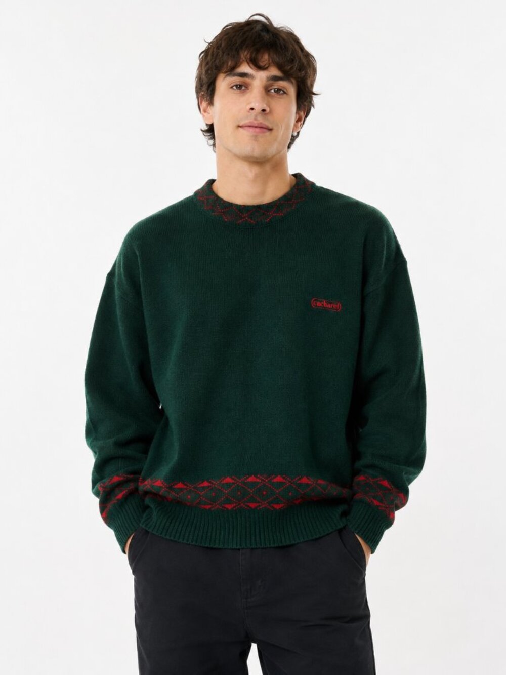 Vintage Cacharel Paris Knit Sweater | Forest Green & Red Geometric Crewneck